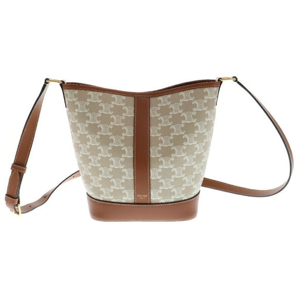 Celine Bucket Shoulder Bag Triomphe Canvas White Brown Leather - Picture 1 of 6
